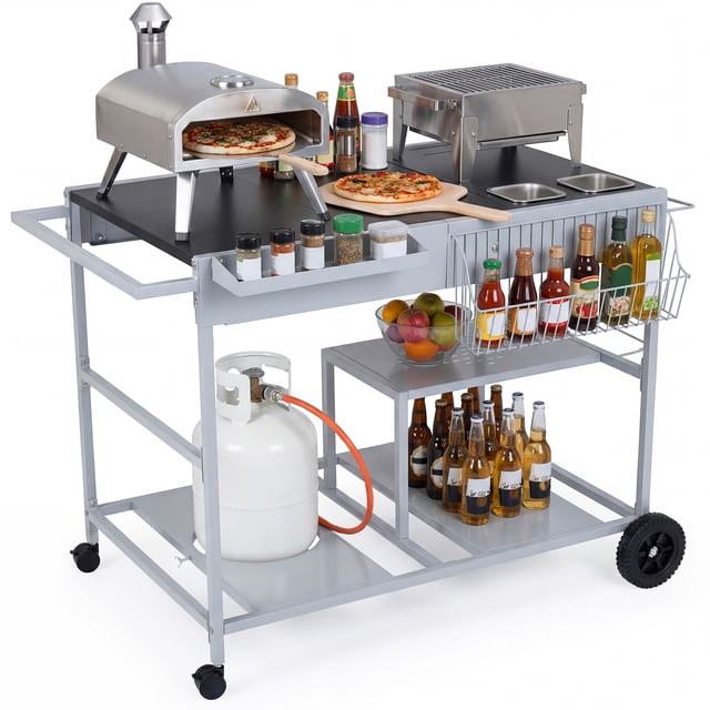 Gymax Pizza Oven Cart w/Topping Station 2 Spice Containers Wheels & Storage Racks