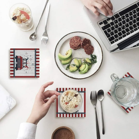 FMSHPON Independence Day Gnomes Vintafe Truck Land of Love Wooden Plank Set of 8 Coaster for Drinks, Absorbent Ceramic Stone Coasters Cup Mat with Cork Base for Coffee Table Bar Decor