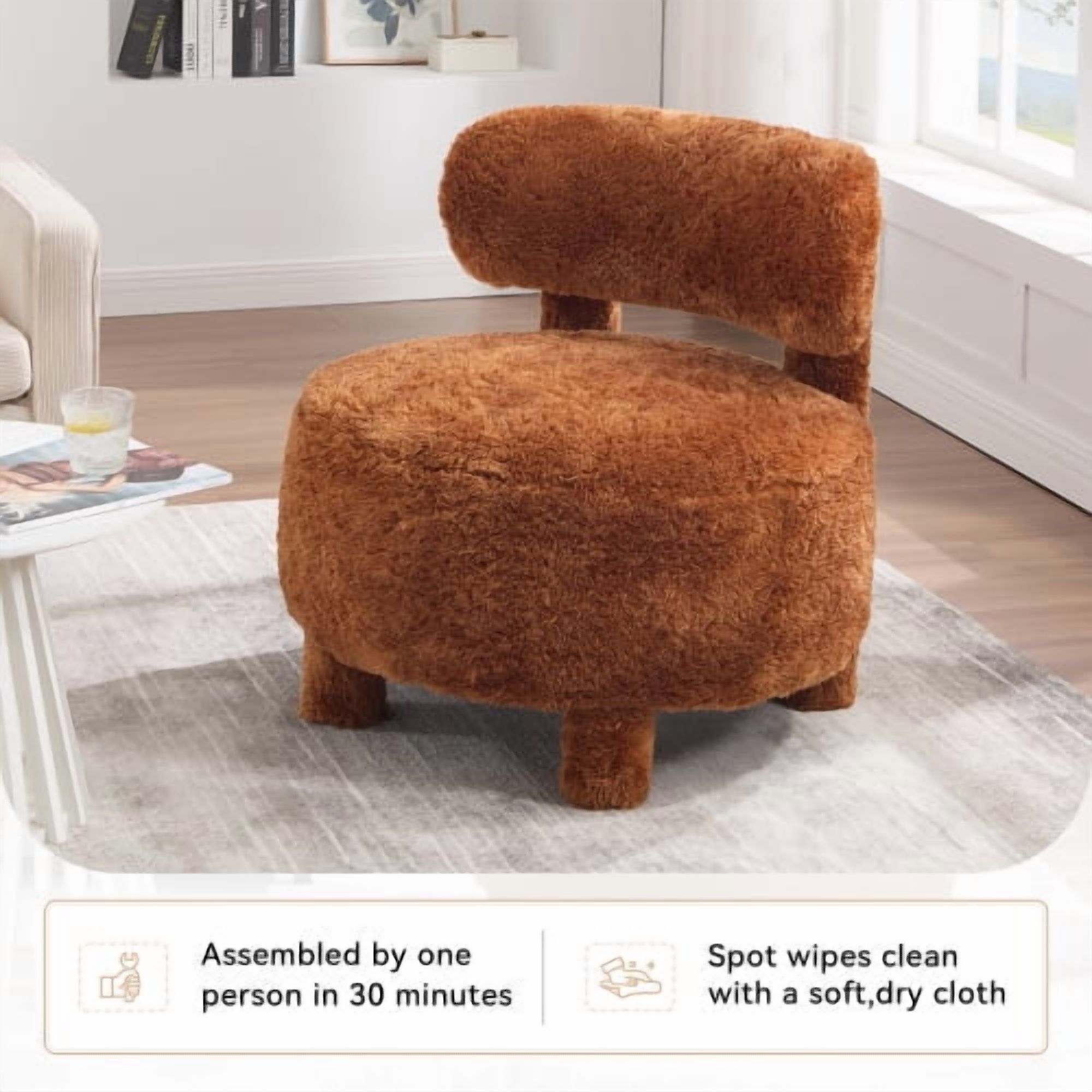 MOONMISS Accent Chair With Curved Backrest And Solid Wood Legs Upholstered Chair Slipper Side Chair For Primary Living Space Bedroom Vanity Room Or Reading Room ,Khaki-Fur