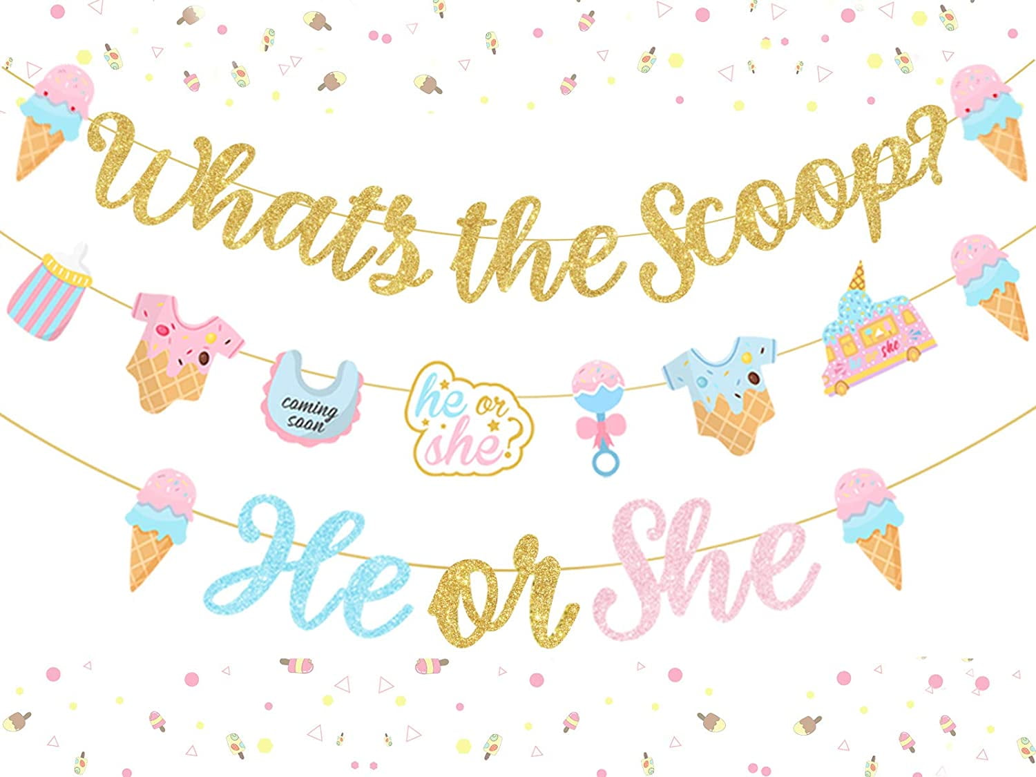 What's The Scoop Decoration Set - Gold Glitter What's The Scoop Banner, He or She Banner Garland and 8 Pieces Ice Creme Garland for Ice Cream Theme Gender Reveal Party Decorations