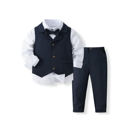 

JYYYBF Toddler Kids Boys Clothes Gentleman Outfits Long Sleeve Sailboat Print Solid Color Shirt with Bow Tie Pants Vest Set