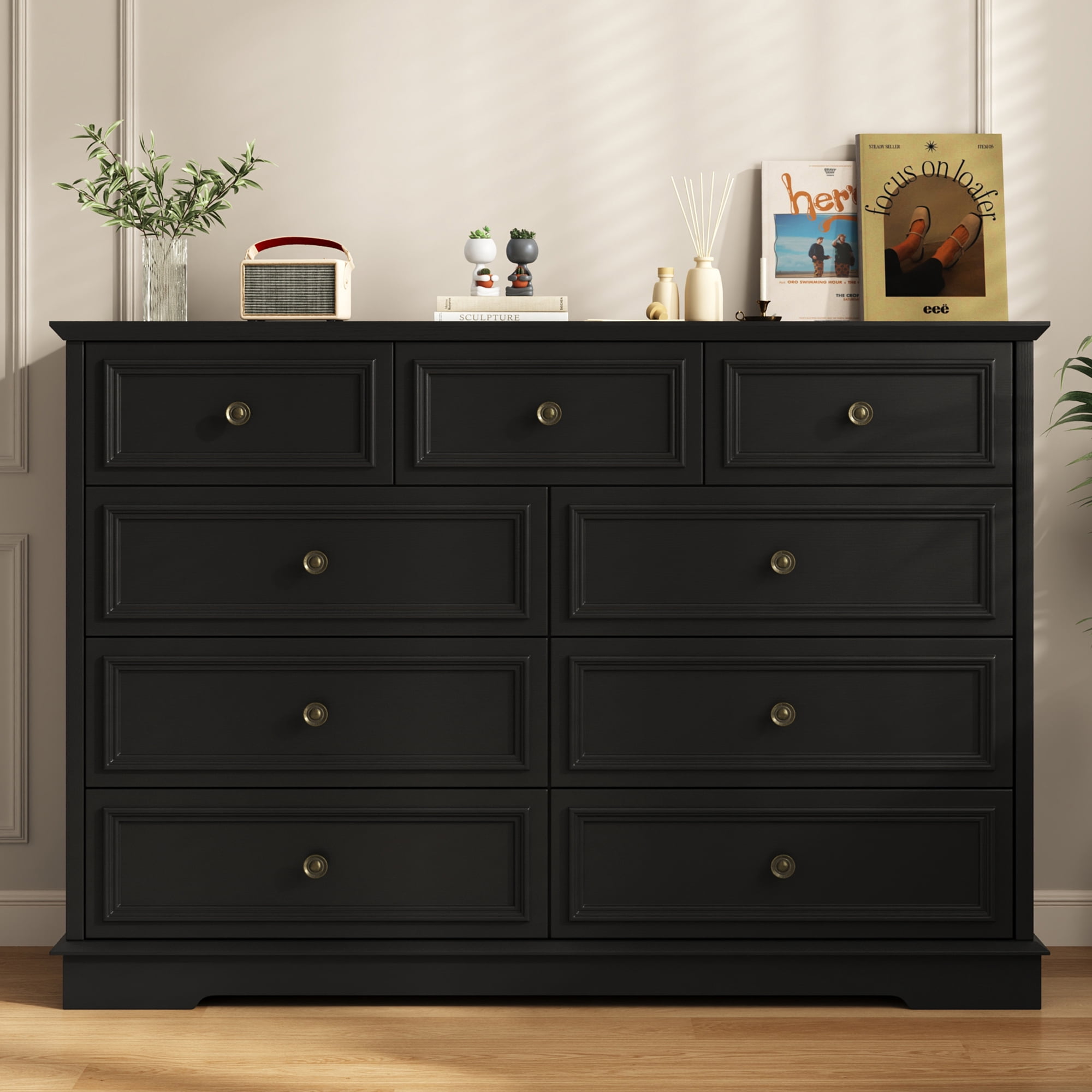 IDEALSOUL Black Dresser, 9 Drawer Dresser with Round Metal Handle, 47.2" Retro Wood Storage Cabinet with 6 large drawer and 2 Small drawer for Living Room, Bedroom, Hallway