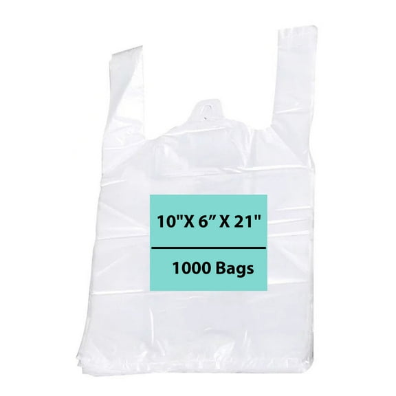 Clear White Plastic T-shirt Bags with Handles - 10"X6"X21" & (1000 Bags)