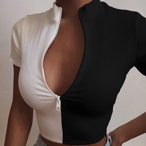 Nuoqisi Womens Short Sleeve V Neck Crop Tops Basic Teen Girl Clothes Casual Cute Yoga Shirts Layering Slim Fitted Workout T-Shirt Women's fashion stitching zipper slim short sleeve