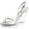 Womens Silver Wedge Shoes Sling Back Sandals 4 Inch Heels Clear Strap and Heel