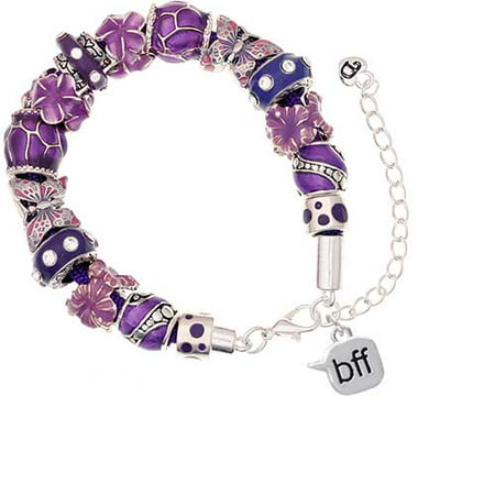 Silvertone Text Chat - bff - Best Friends Forever - Purple Butterfly Bead