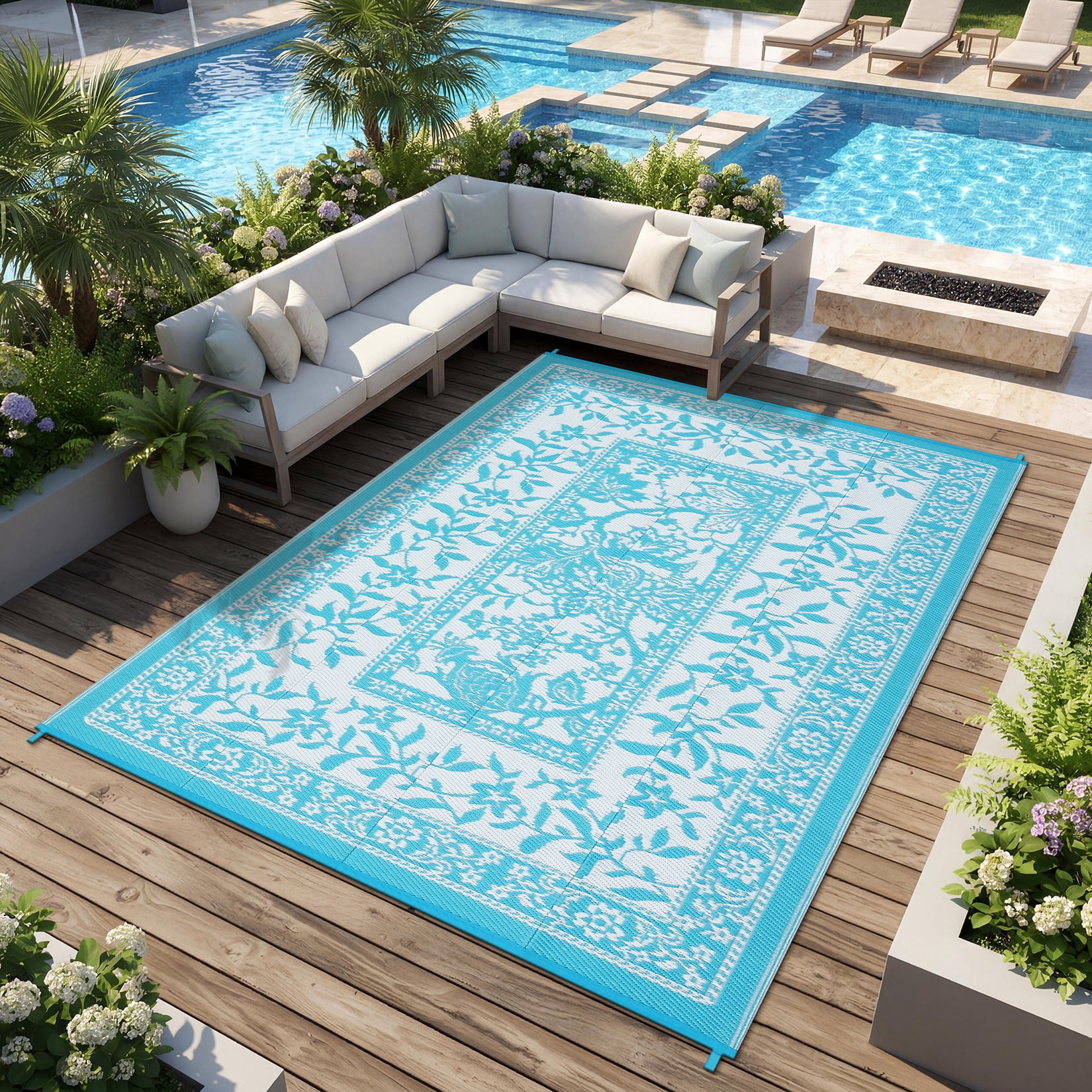 Garvee Outdoor Rug 8x10ft Waterproof Reversible Foldable Plastic Straw Rug, Modern Floral Border Outdoor Mat for Patio, Camping, RV, Deck, Porch, Balcony, Light Blue/White