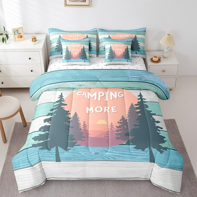 Ensemble Douillette 7 Pcs Happy Camping pour Roulotte, Accessoires pour Roulotte Format Simple Ensembles de Douillette Lit en Sac Décor de Ferme en Bois (1 Douillette, 1 Drap Plat, 1 Drap-Housse, 2 Taies d'Oreiller, 2 Housses de Coussin Décoratif)