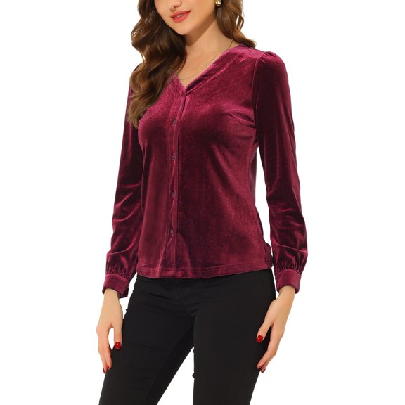 Allegra K Women's V Neck Long Sleeve Solid Button Velvet Shirt