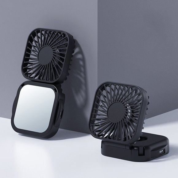 Ventilador de mano con espejo, ventilador portátil recargable por USB con cordón – Ventilador de cuello colgante de 3 velocidades para viajes, oficina, hogar y exteriores.