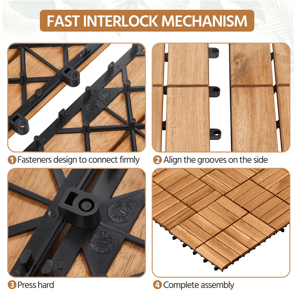Renwick 10pcs Wood Flooring Tiles 12''x12'' for Outdoor & Indoor Patio Garden, Wood