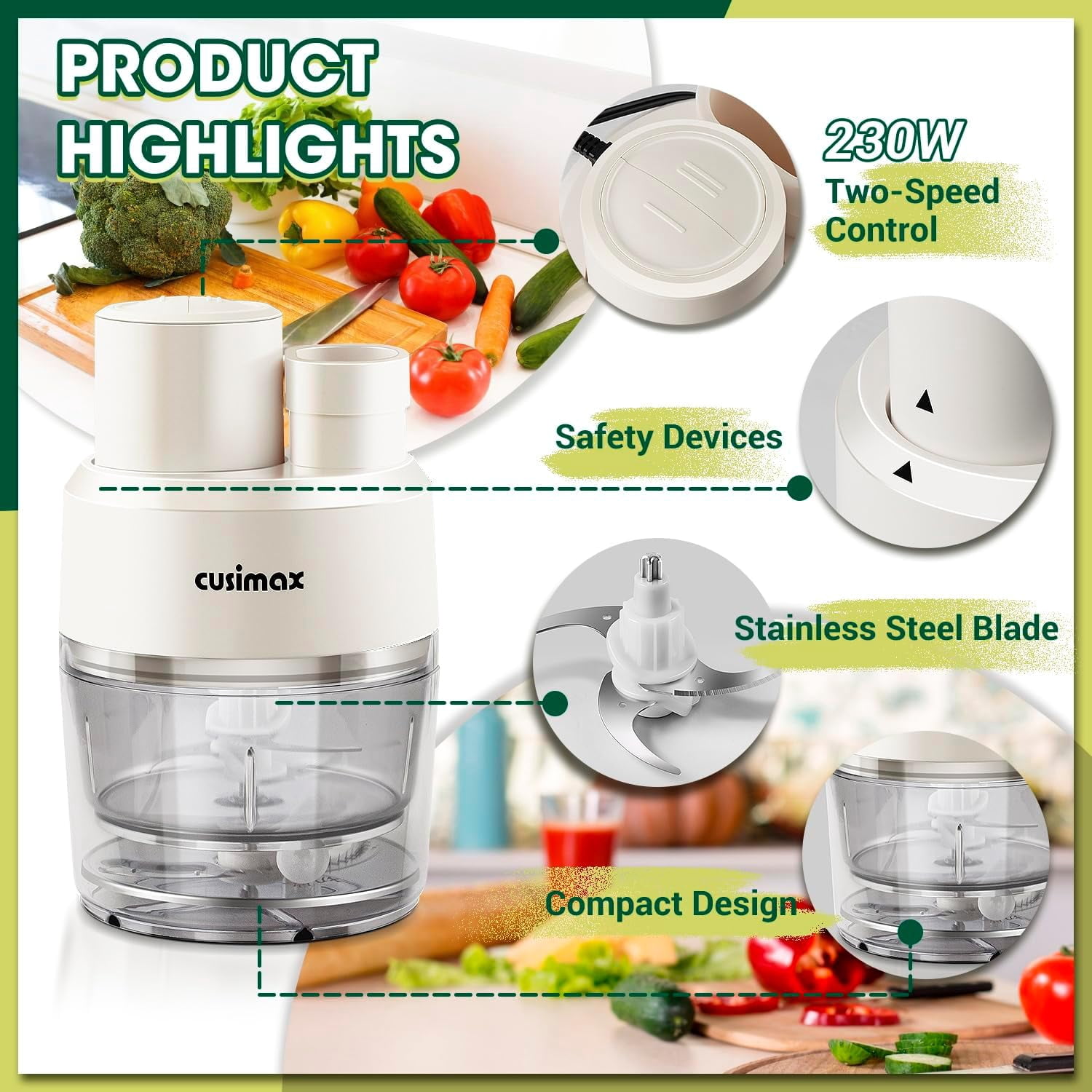 CUSIMAX 2-Speed Electric Food Processor, Electric Vegetable Spiralizer for 3-in-1,White,