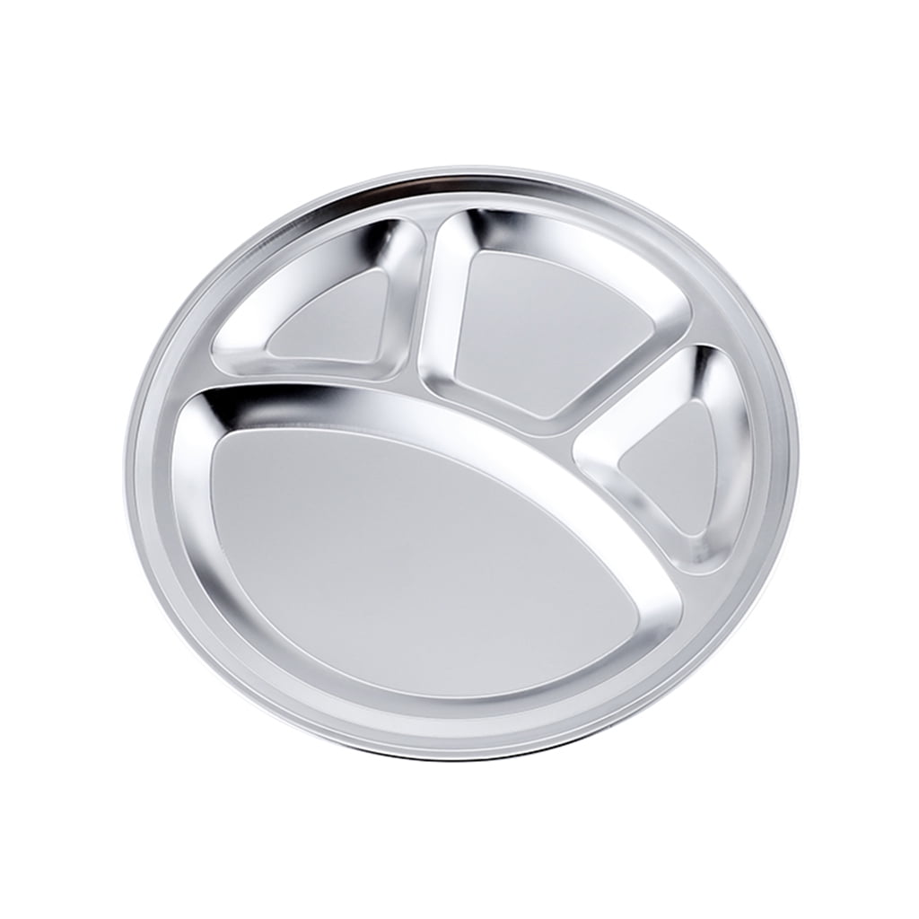 Stainless Steel 4 Sections Round Divided Dish Snack Dinner Plate Container Tray 