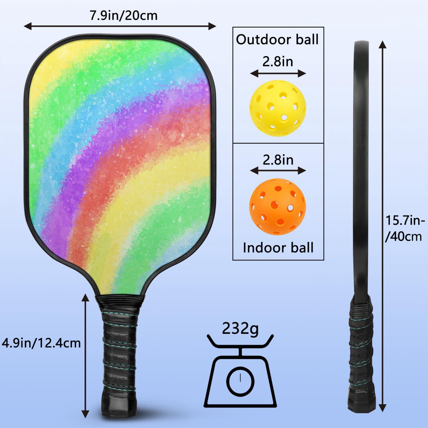 Pickleball Paddles Set Of 2, Fiberglass Surface, Vibrant Rainbow Print, 4 Balls & Bag