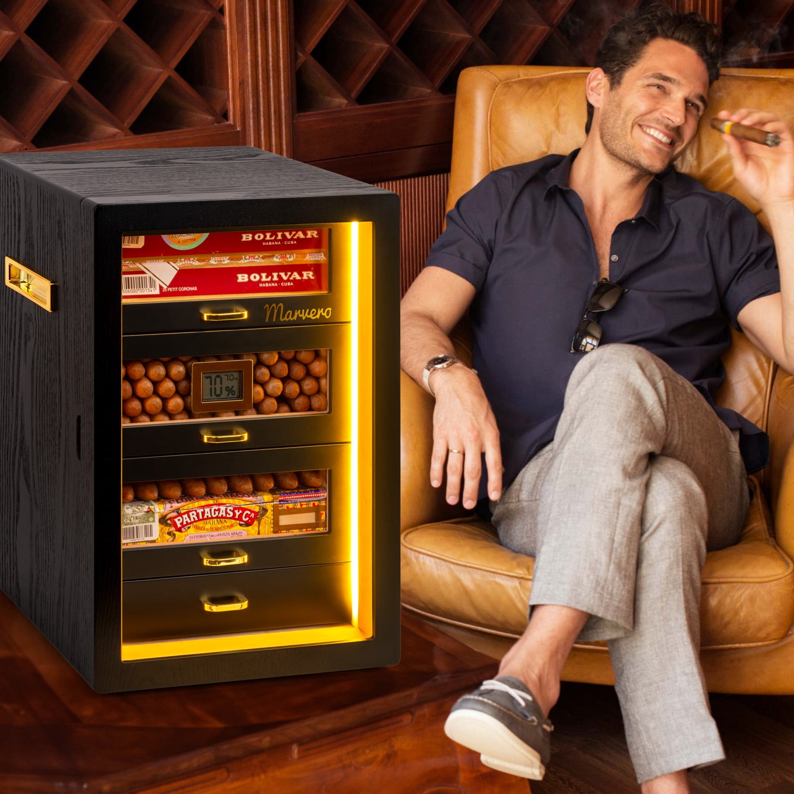 Marvero Cigar Humidor Cabinet, 200 Count, Black Finish, Glass Door, LED Light, Digital Hygrometer, Cedar Drawers