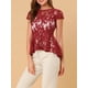 thumbnail image 5 of INSPIRAR CHIC Blusa Peplum de Encaje con Cuello Redondo y Mangas Cortas, Corte Alto-Bajo, Talla XS, Roja, 5 of 6