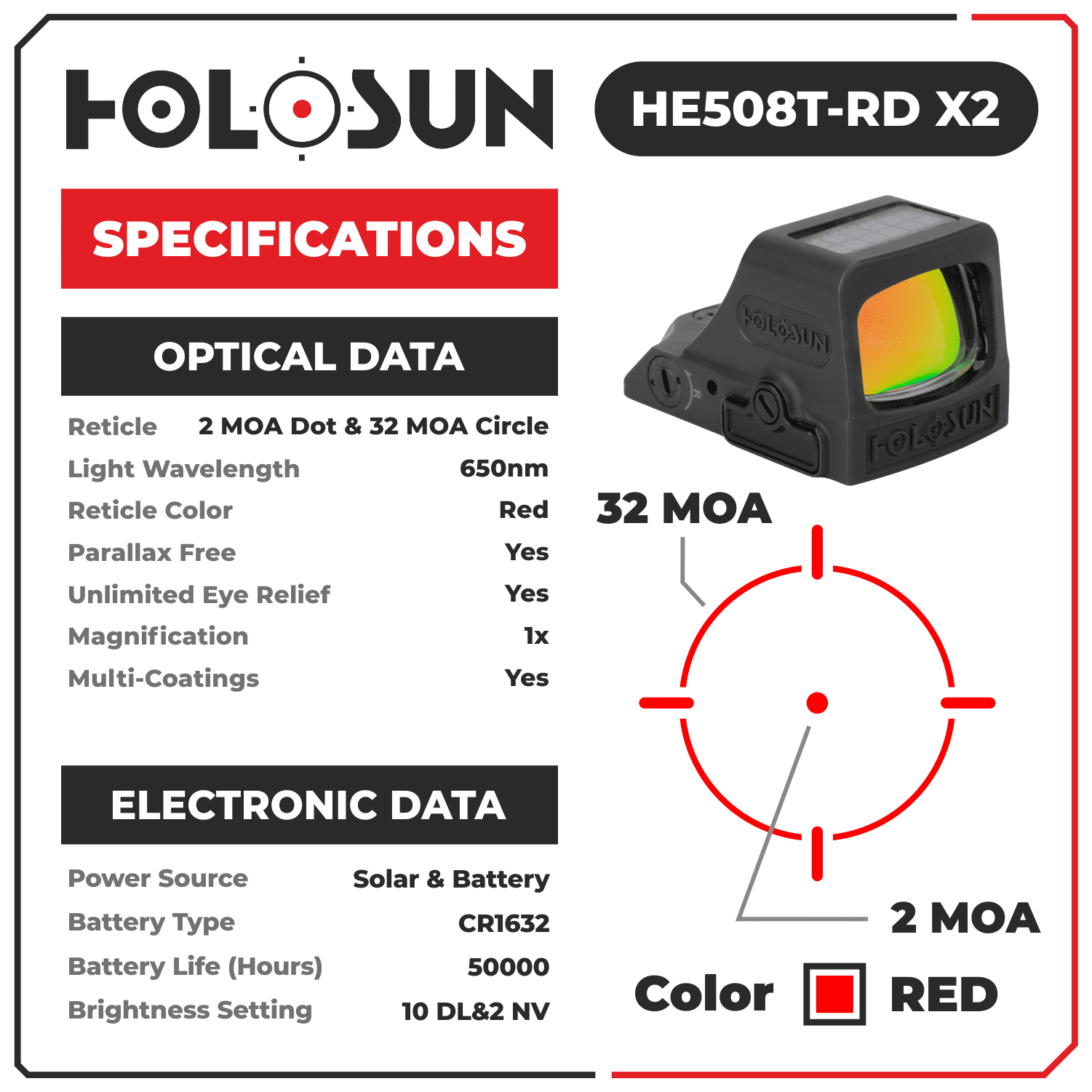HOLOSUN HE508T-X2 Elite Red Dot Circle Dot; 2 MOA Dot with Lens Cleaning Pen, Extra CR1632 Battery and W4U Lens Cleaning Cloth Bundle