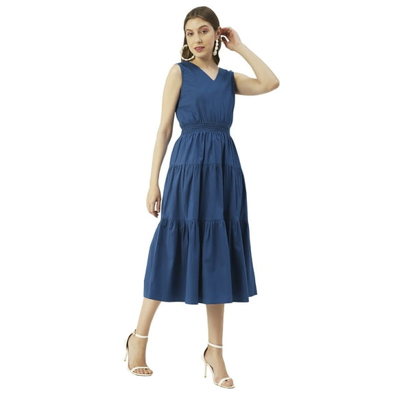 Moomaya Solid Cotton Sleeveless Dress, V-Neck Smocked Waist Tiered Midi Dress