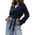 thumbnail image 3 of Womens Cropped Trench Coat Lapel Double Breasted Short Jacket Outwear Navy Blue XL, 3 of 9