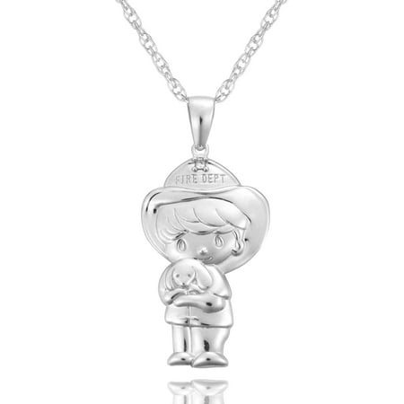 Precious Moments Sterling Silver Diamond Accent Fire Department Boy with Dog Pendant with Chain, 18