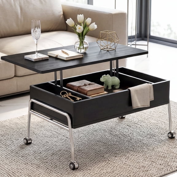 Mobile Lift-Up Coffee Table with Hidden Storage, Wide Tabletop and Caster-Equipped Base, Living Room Furniture, Black
