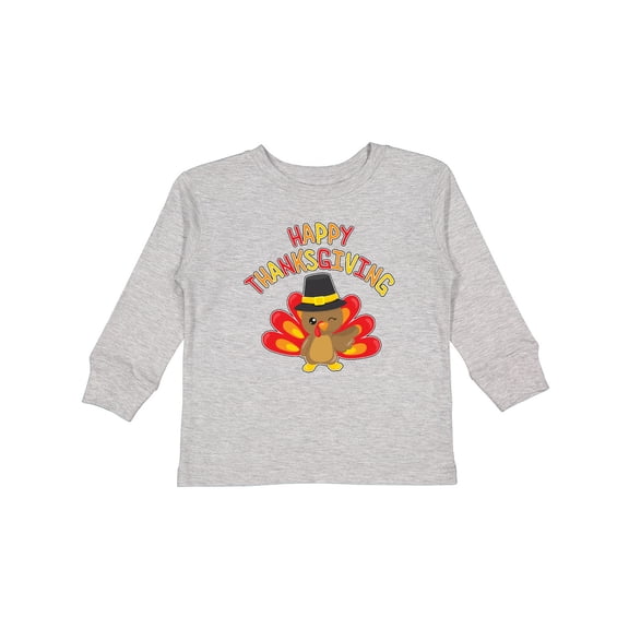 Inktastic Happy Thanksgiving Cute Turkey in Pilgrim Hat Boys or Girls Long Sleeve Toddler T-Shirt