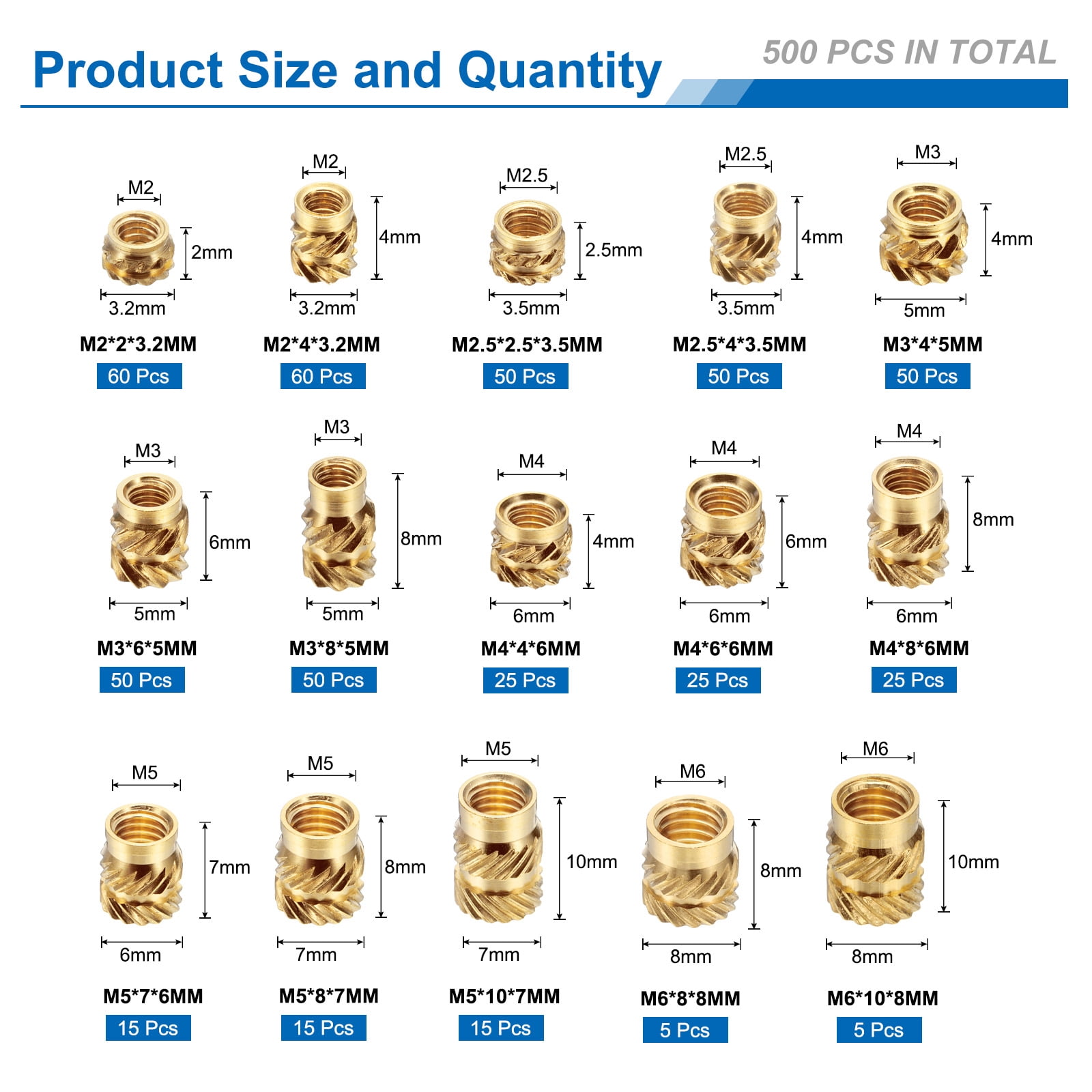 500Pack M2 M2.5 M3 M4 M5 M6 Metric Threaded Inserts Brass Heat Set Insert Knurled Nuts Assortment Kit, 3D Printing Brass Nuts Female Threaded Insert Nuts