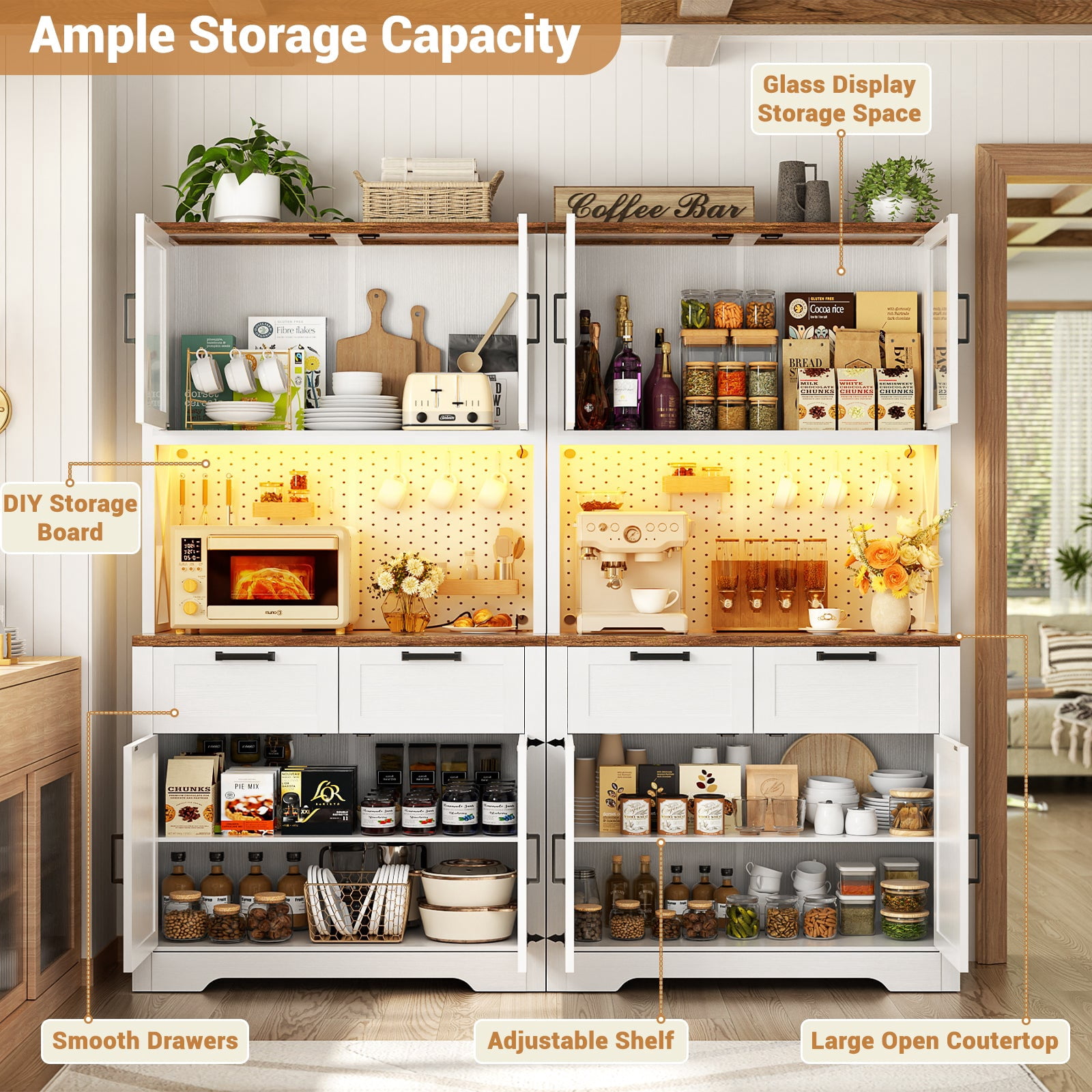 Homieasy 71'' Tall Kitchen Pantry Storage Cabinet with LED Light & Outlet, Kitchen Hutch Cabinet with Large Countertop, DIY Pegboard and Drawers, Farmhouse Food Pantry, White & Brown 2 Pack