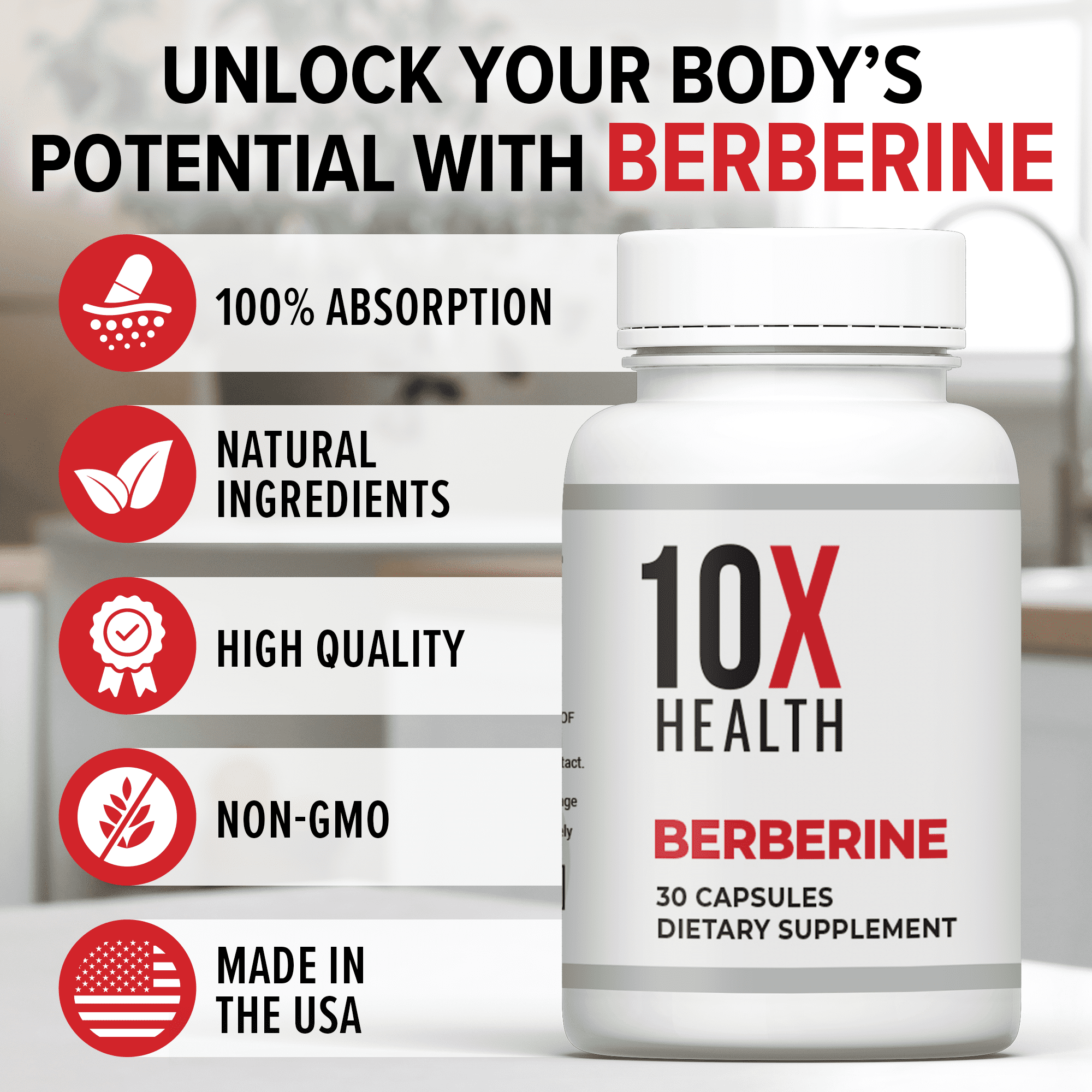 10X Health Berberine Supplement 500 mg Dihydroberberine - Blood Sugar Support, 30 Capsules
