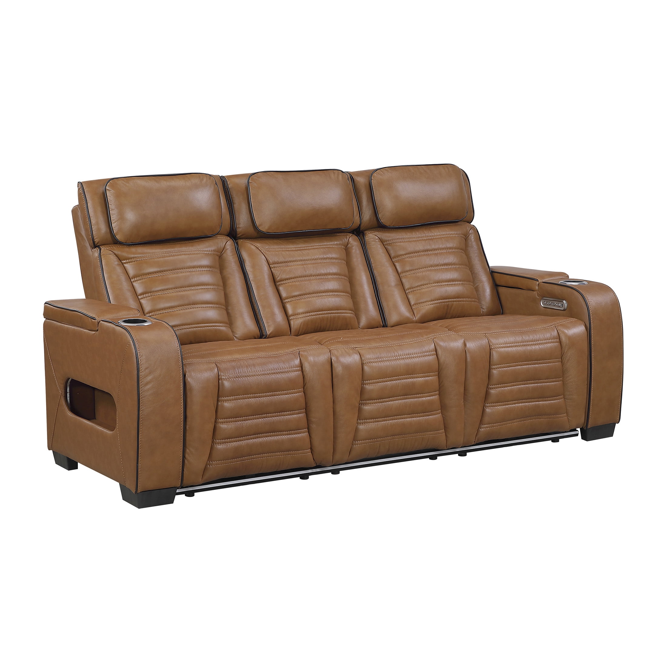 OakvillePark Elantra Leather Match Power Double Reclining Sofa with Center Drop-Down Cup Holder/Power Headrests/Storage Arms/Reading Lights/Wireless Charger/Air Massage/Heat/LED Lighting, Brown