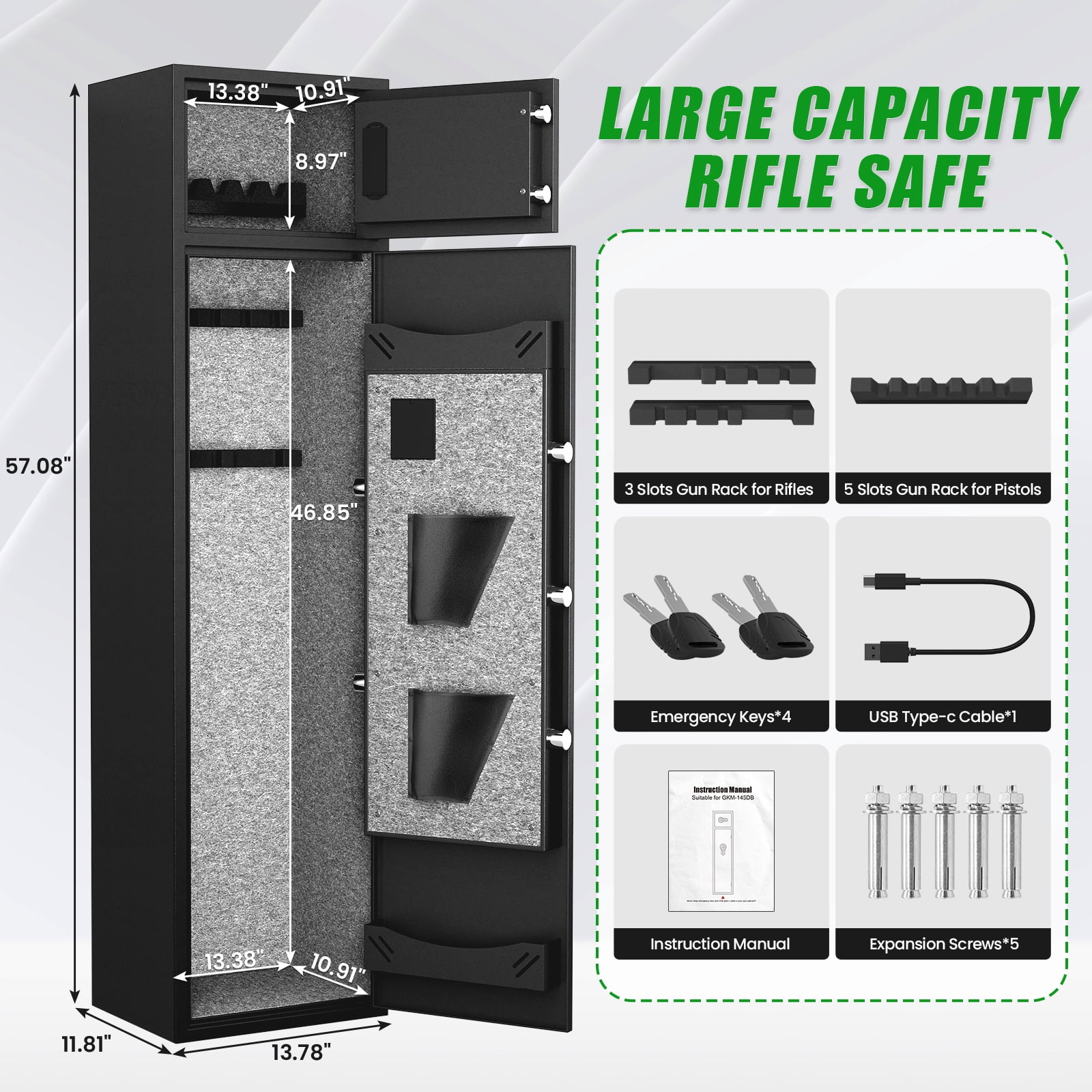 Gun Safe, 4-5 Gun Safes for Home Gun Safe for Handgun, Quick Access Gun Safe for Handgunand Shotguns with Adjustable Gun Support & Removable Shelf