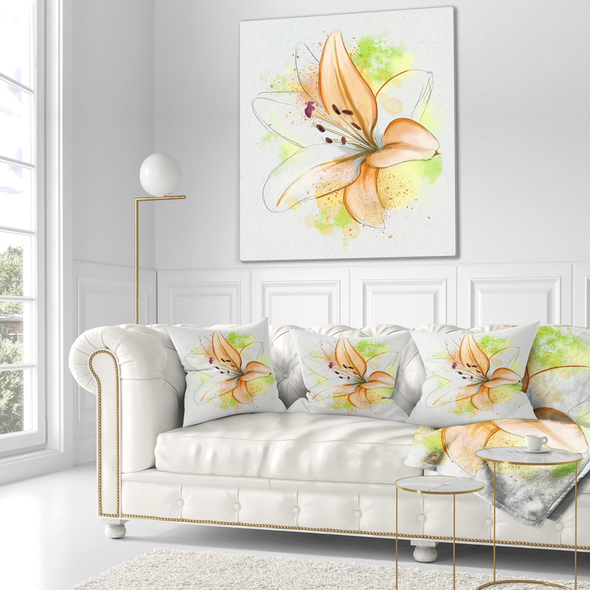 Designart Cute Yellow Flower with Green Splashes - Floral Throw Pillow - 18x18