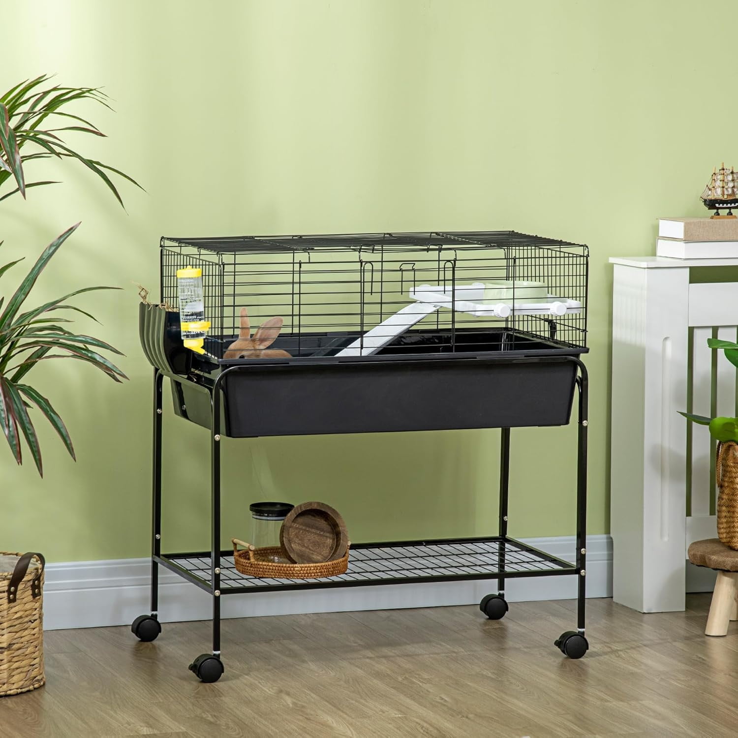 Two-Story Small Animal Cage Removable from Stand, Guinea Pig Cage with Shelf & Wheels, Pet Habitat for Hedgehog, Chinchilla, Ferret, 33" x 18.5" x 35", Black