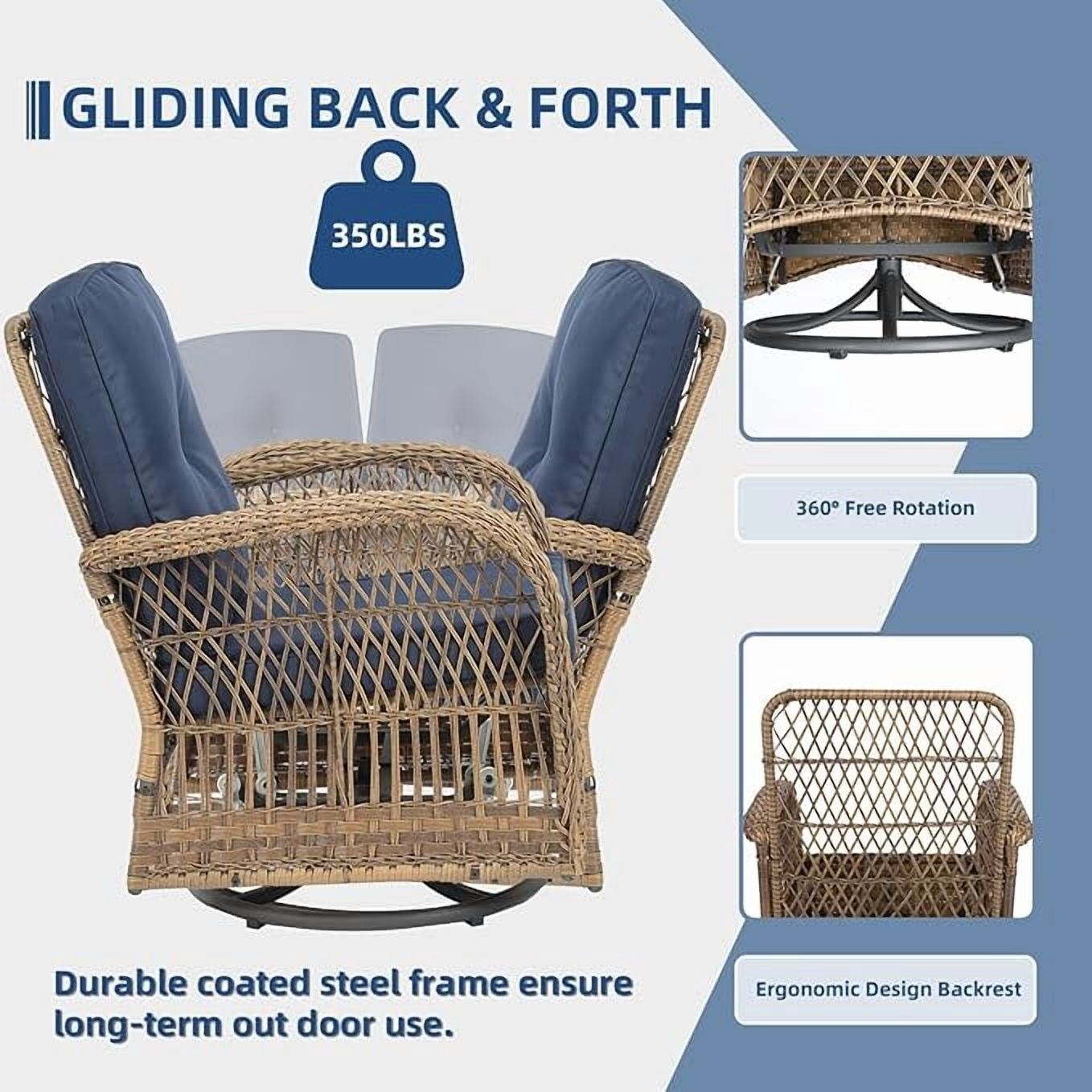 SOCIALCOMFY 5-Piece Wicker Patio Furniture Sets Outdoor All-Weather Rattan Conversation Set Includes Glider Loveseat, 2 Glass-Top Coffee Tables, 2 Swivel Rocking Chairs for Porch Backyard, Navy Blue