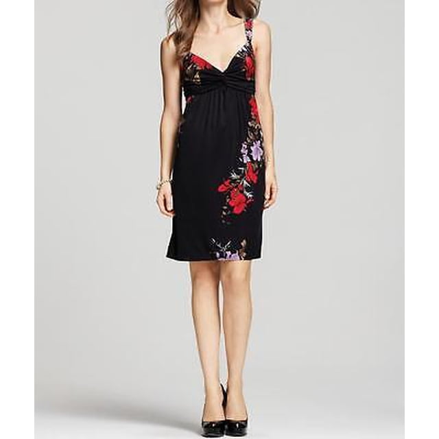 $298 ELIE TAHARI Robe Renee Noire Rouge Florale Froncée en Jersey de Soie (2)