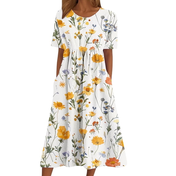 YuXingFu Midi Crew Neck Short Sleeve Plus Size Women's Dress Loose Fit Printing Casual Summer Multicolor S