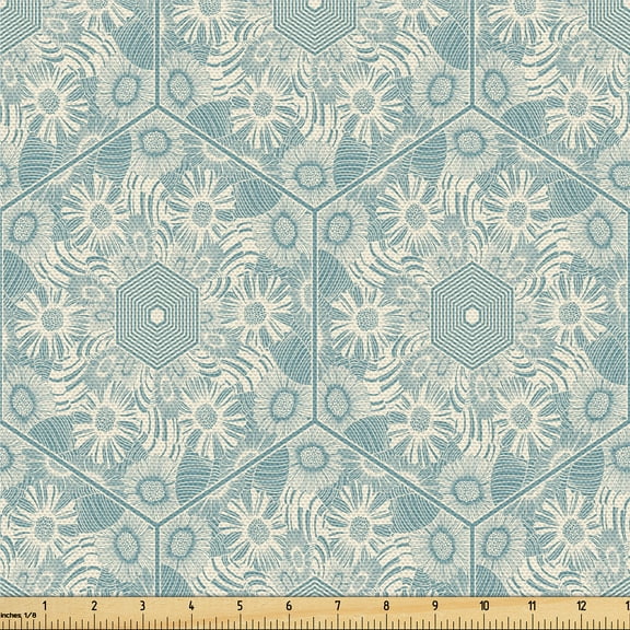 Ambesonne Botanical Fabric by the Yard, Floral Ivy Branches Forms, 2 Yards, Cadet Blue and Eggshell