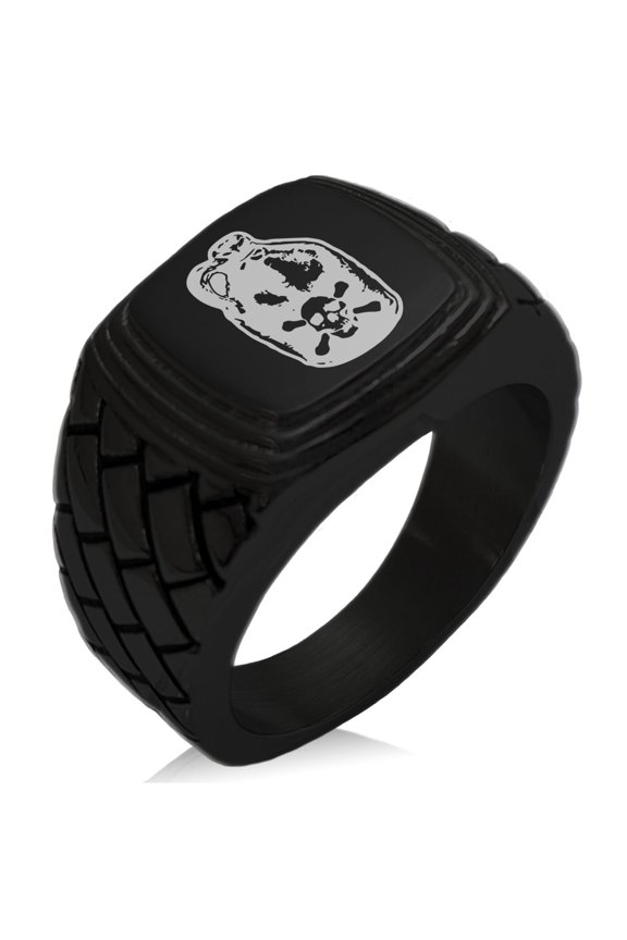 Stainless Steel Pirate Skull Crossbones Rum Geometric Pattern Step-Down Biker Style Polished Ring