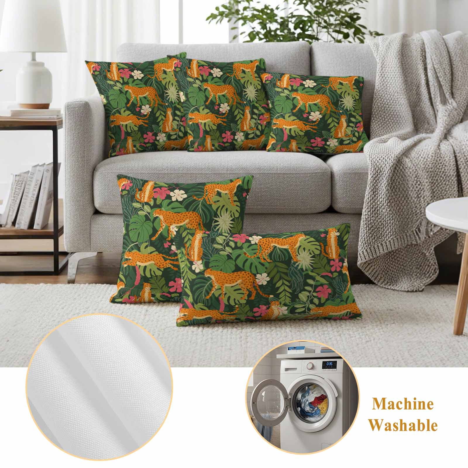 Tropical Plants Outdoor Waterproof Pillow Covers, Summer Botanical Animals Flowers Leaves Decorative Square Throw Pillowcase Sofa Cushion Sham for Patio/Couch/Chair, 18"x18" 2 Pack