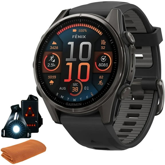 Garmin 010-02903-20 Fenix 8 43 mm, AMOLED, Sapphire,Carbon Gray DLC Titanium w/ Black Silicone Band Bundle with Workout Cooling Sport Towel & Deco Essentials Wearable Front and Rear Safety Light