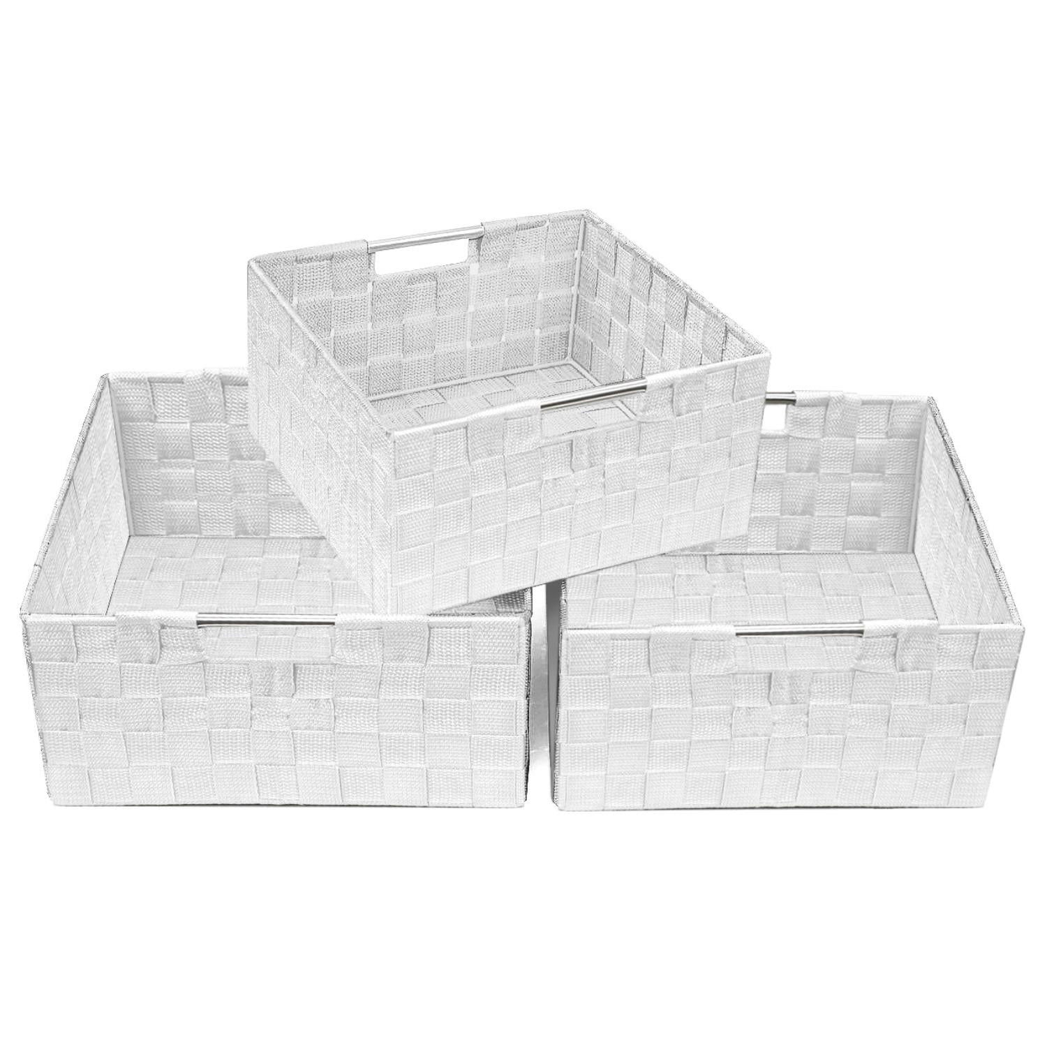 Sorbus 3 Piece Woven Storage Basket Set, Stackable Cube Bins with Handles, White Organizer Totes