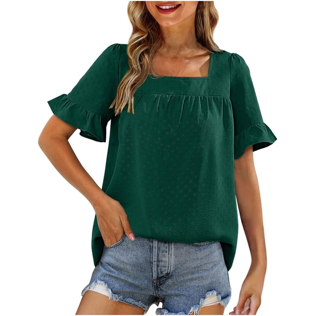 Blusas y blusas para mujer Elegantes camisas de verano con mangas con volantes y cuello cuadrado Blusas con lazo en la espalda OAVQHLG3B Store lin121212