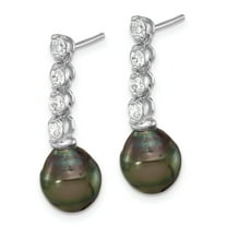 Tahitian Pearl Earrings Dangle 14K Gold Black CZ June Birthstone Drop Gift for Women