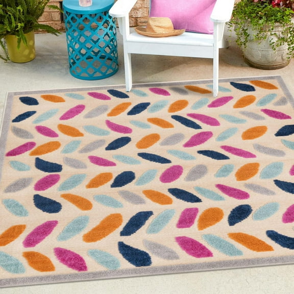 Unique Loom Aruba Outdoor Collection Area Rug - Oranjestad (7' 10" Square Beige/Light Blue)