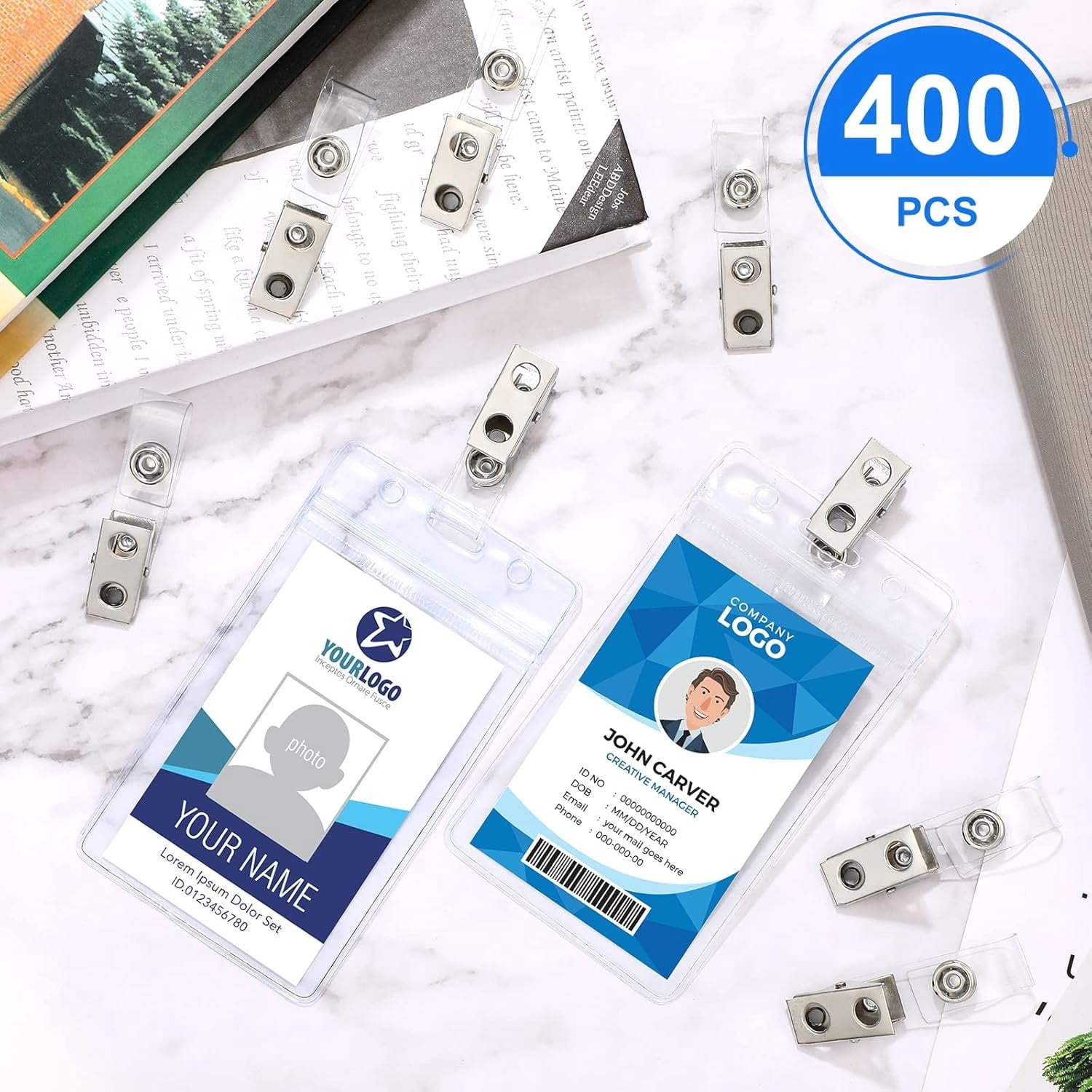 400 Pack Metal Badge Clips with PVC Straps Double Hole ID Badge Clips for Name Tag ID Cards Holders, Office Supplies()