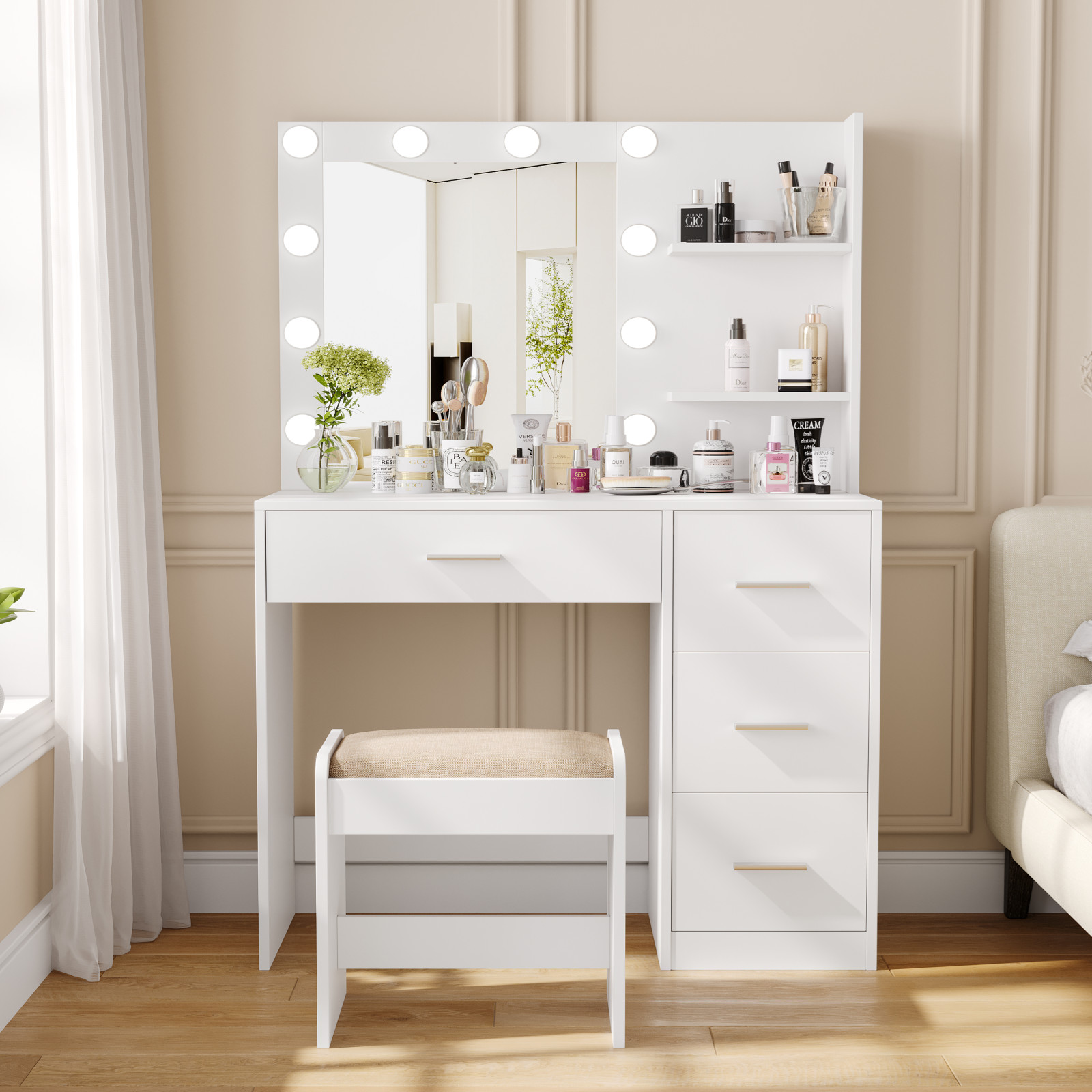 Rovaurx Makeup Vanity Table Set with Lighted Mirror, Makeup Vanity with 