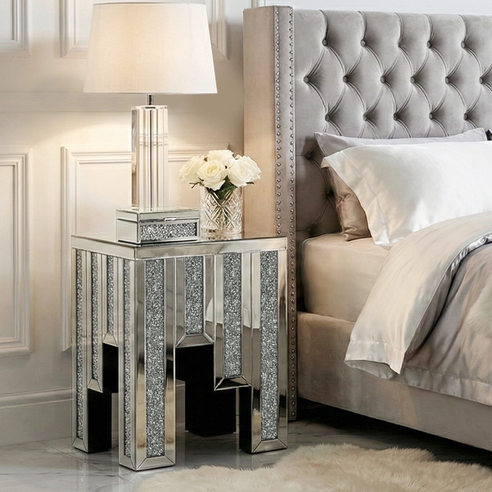 Modern Crystal Mirrored Side Table, Living Room End Table, Bedside Table, Nightstand, Silver