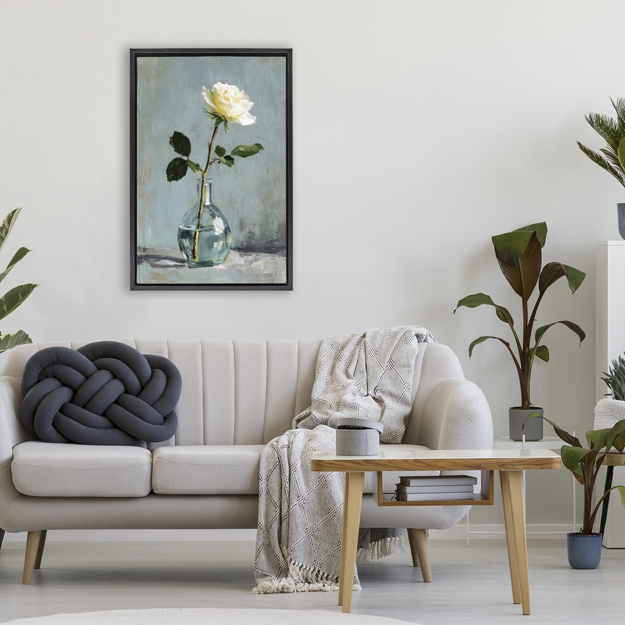 Stupell Industries Sweet White Rose in Vase Black Framed Floater Canvas Wall Art, design by Petal Prints Design