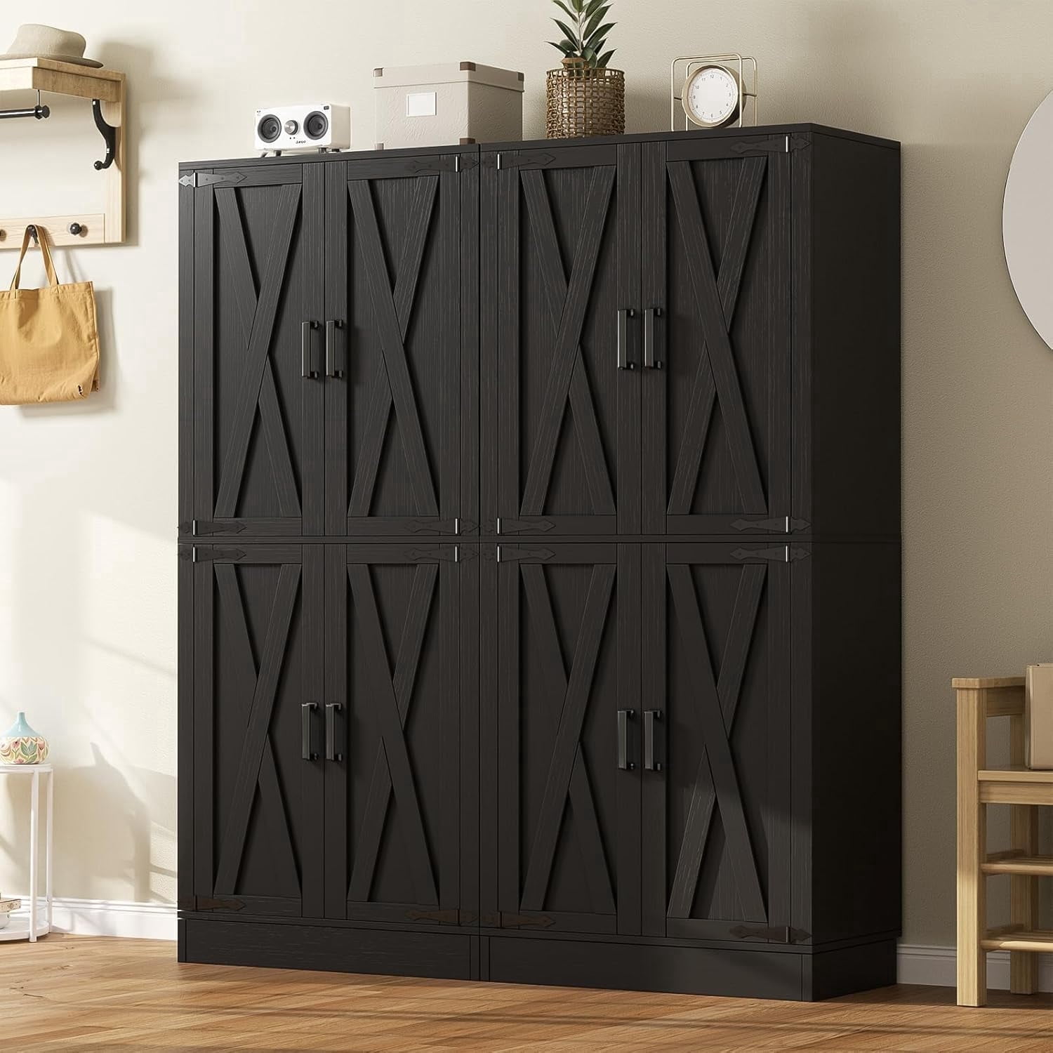 Homieasy 71'' Tall Farmhouse Pantry Cabinet 2 Piece Set, 6-Tier Pantry with Doors, Drawers & Adjustable Shelves, Black