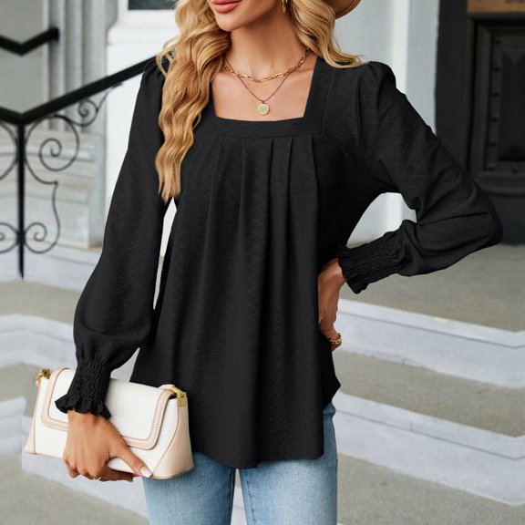 DondPO Long Sleeve Shirts for Women Sweatshirt for Women Women's Long Sleeve T Shirt Fashion Square Neck Tops Solid Color Casual Blouses Womens Tops Plus Size Tops Black L